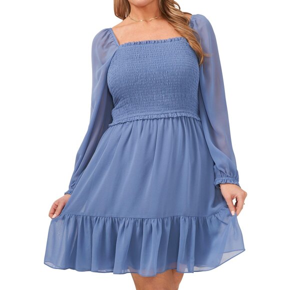 1.STATE Women's L Long Sleeves Smocked Ruffle Skirt Mini Dress Chiffon Blue $99 - Picture 3 of 15